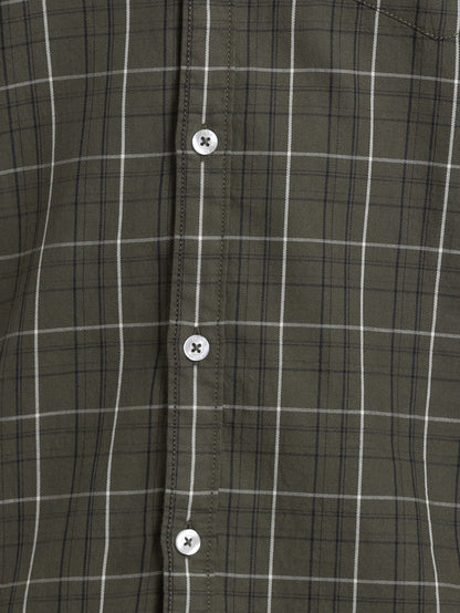 Parx Men Green Checkered Slim Fit Full Sleeve Semi Cut Away Collar Shirt