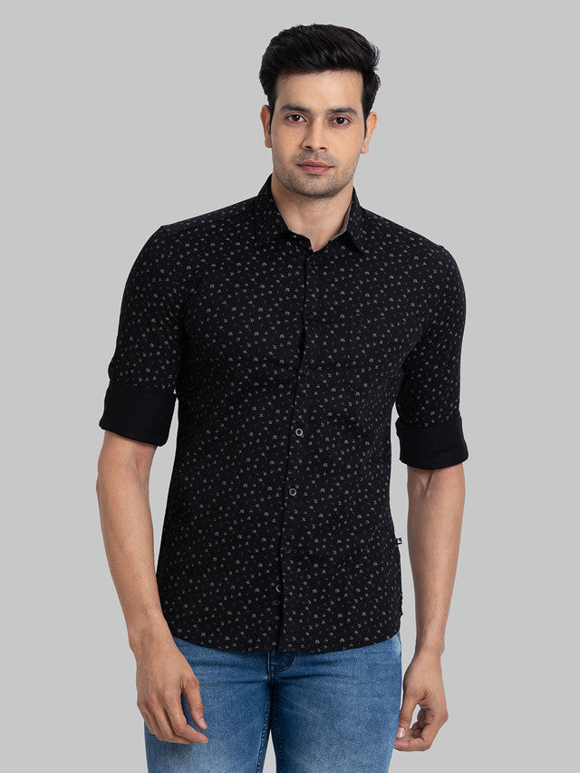 Parx Men Black Printed Slim Fit Full Sleeve Semi Cut Away Collar Shirt