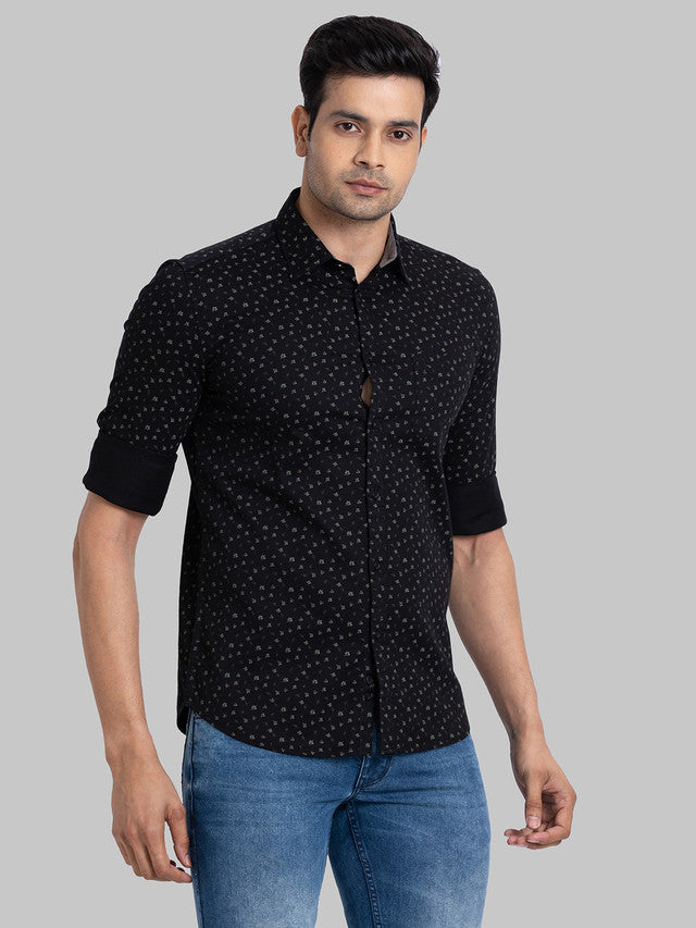 Parx Men Black Printed Slim Fit Full Sleeve Semi Cut Away Collar Shirt