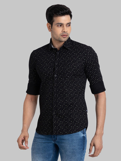 Parx Men Black Printed Slim Fit Full Sleeve Semi Cut Away Collar Shirt