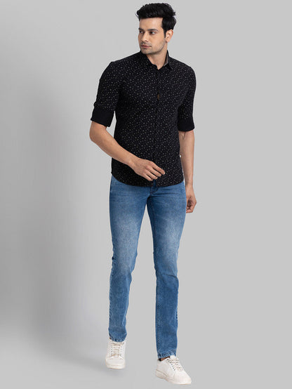 Parx Men Black Printed Slim Fit Full Sleeve Semi Cut Away Collar Shirt