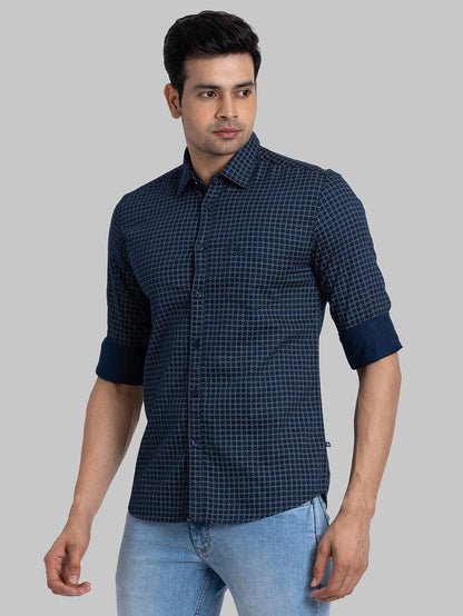 Parx Men Blue Printed Slim Fit Full Sleeve Semi Cut Away Collar Shirt