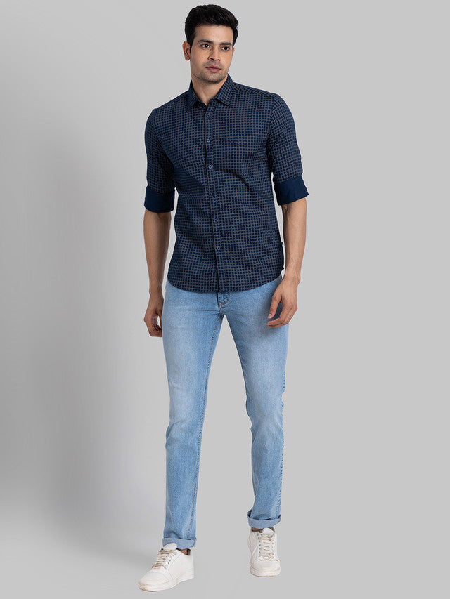 Parx Men Blue Printed Slim Fit Full Sleeve Semi Cut Away Collar Shirt