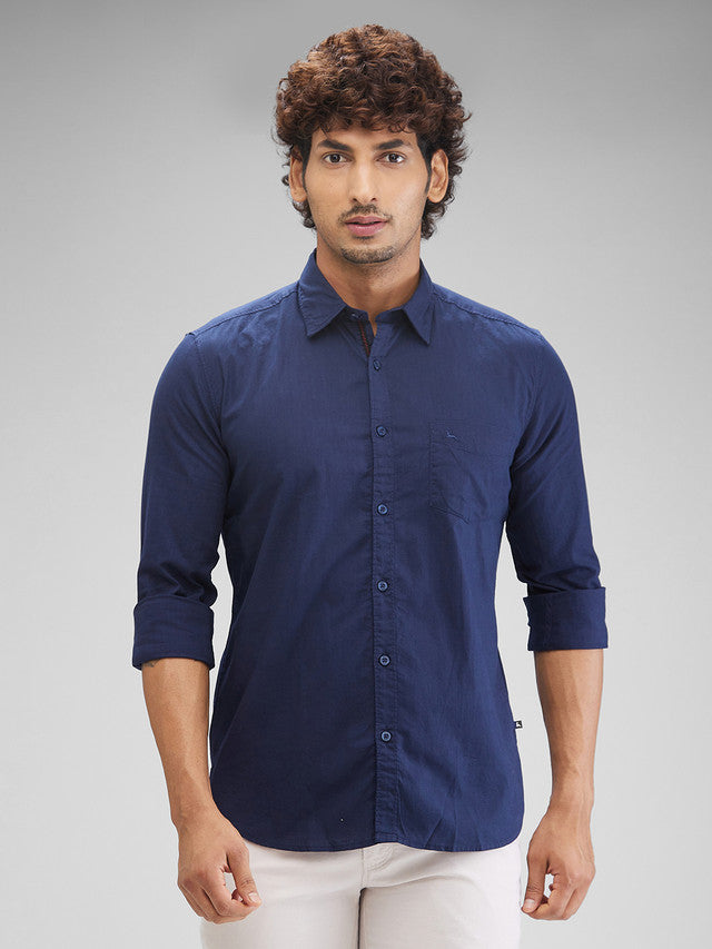 Parx Blue Solid Slim Fit Cotton Casual Shirt