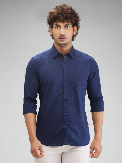 Parx Blue Solid Slim Fit Cotton Casual Shirt