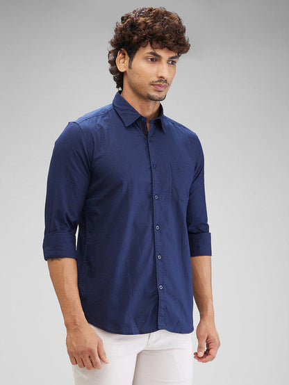 Parx Blue Solid Slim Fit Cotton Casual Shirt