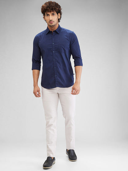 Parx Blue Solid Slim Fit Cotton Casual Shirt