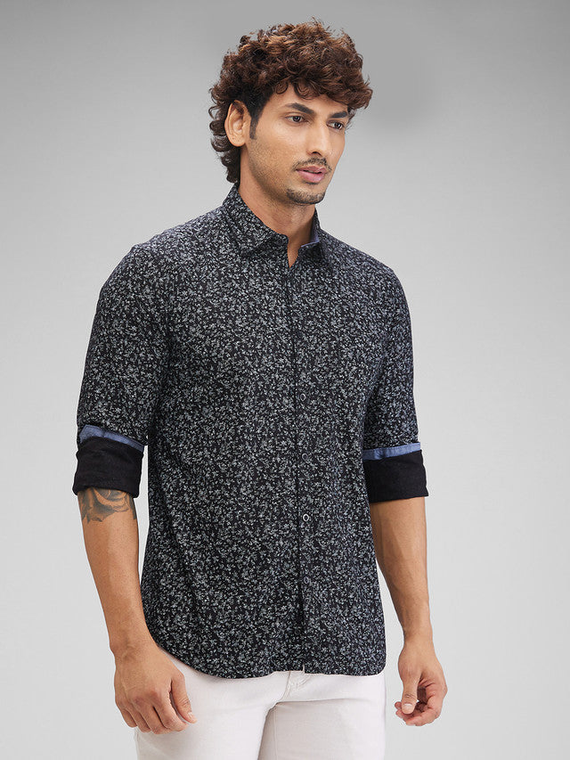 Parx Black Printed Slim Fit Cotton Casual Shirt