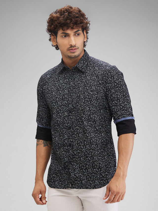 Parx Black Printed Slim Fit Cotton Casual Shirt