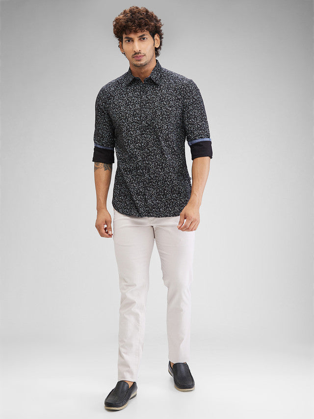 Parx Black Printed Slim Fit Cotton Casual Shirt