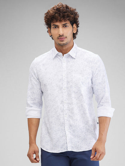 Parx White Printed Slim Fit Cotton Blend Casual Shirt