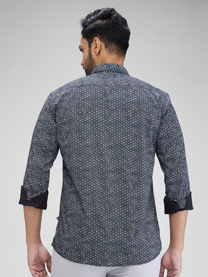 Parx Black Printed Slim Fit Cotton Casual Shirt