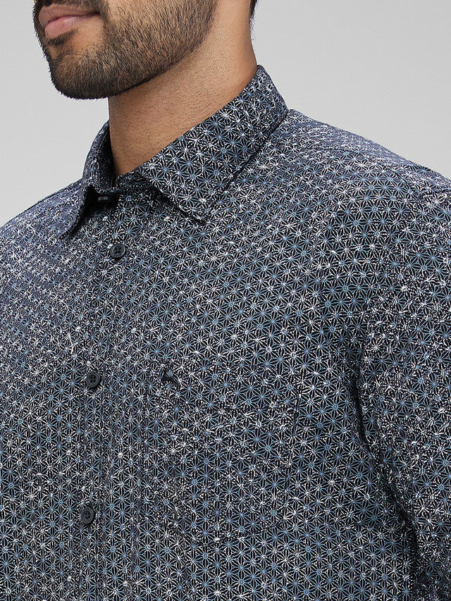 Parx Black Printed Slim Fit Cotton Casual Shirt