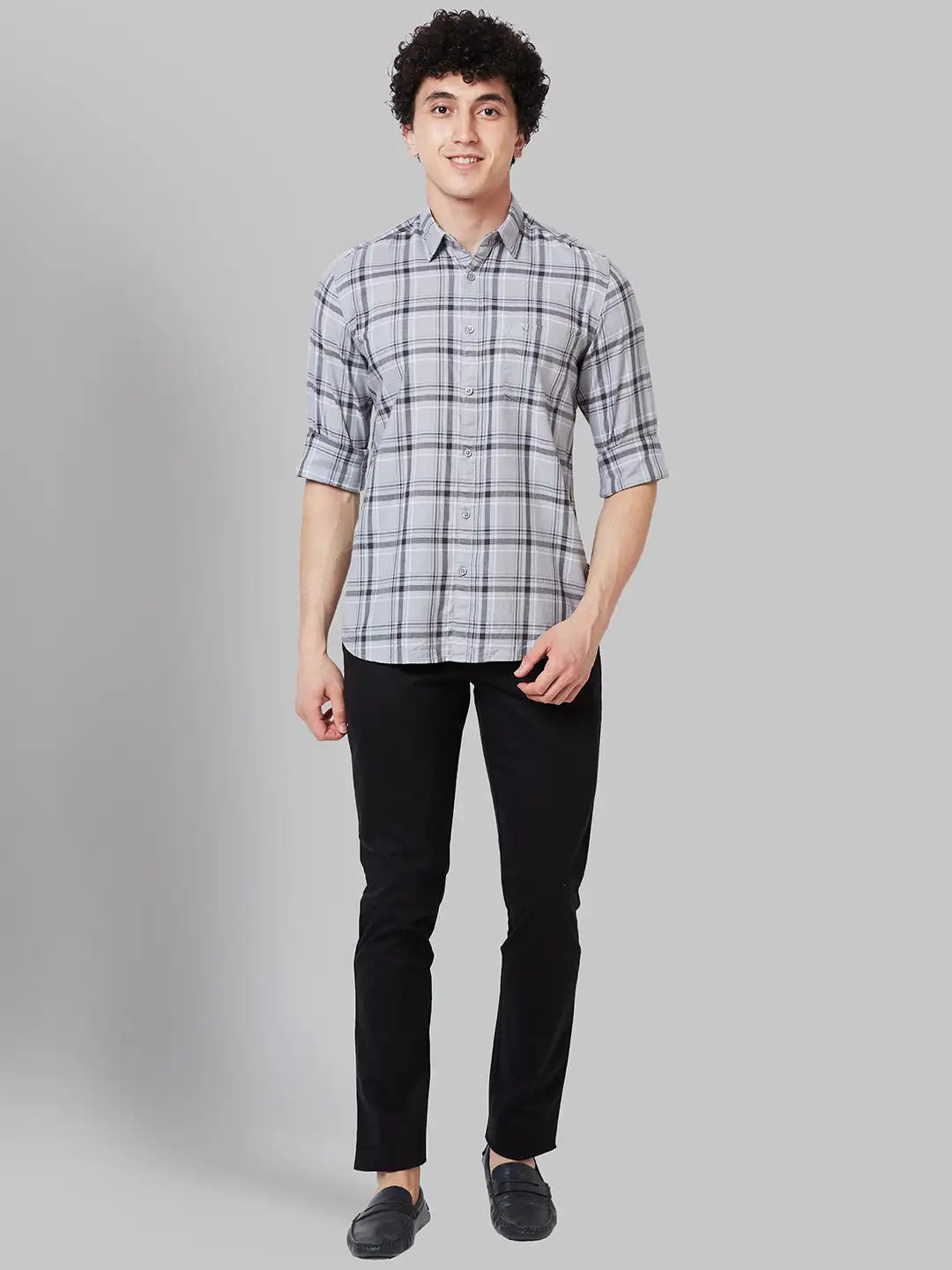 Men Grey Slim Fit Checks Cotton Blend Full Sleeve Shirts