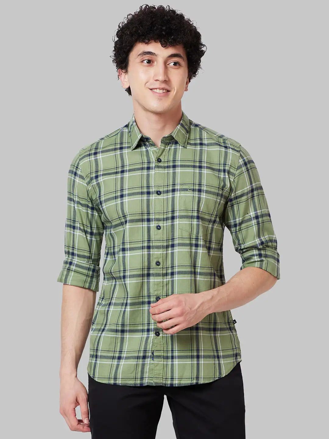Men Green Slim Fit Checks Cotton Full Sleeve Shirts