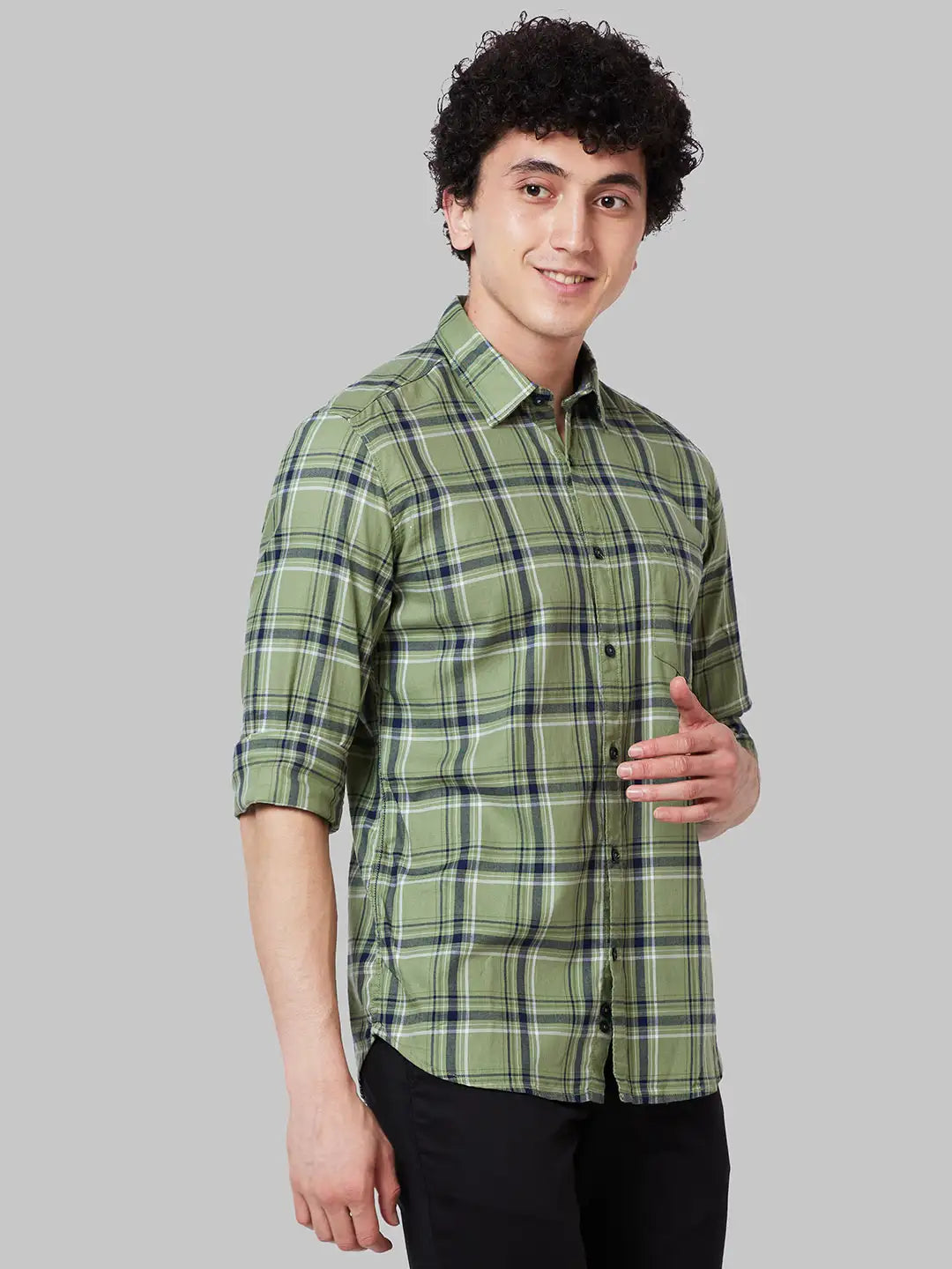Men Green Slim Fit Checks Cotton Full Sleeve Shirts