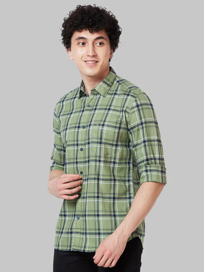 Men Green Slim Fit Checks Cotton Full Sleeve Shirts
