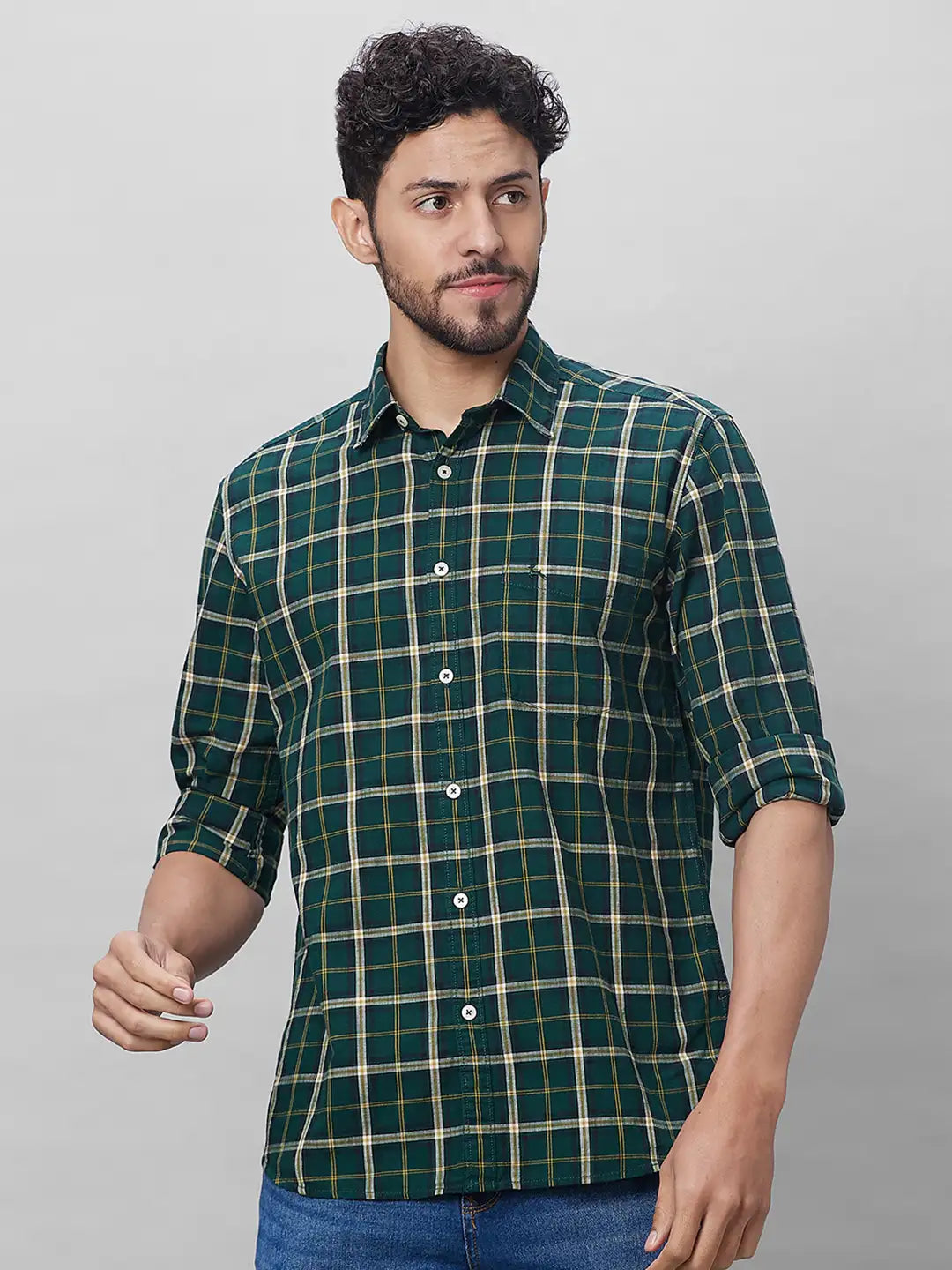 Parx Men Green Checks Slim Fit Cotton Full Sleeve Shirts