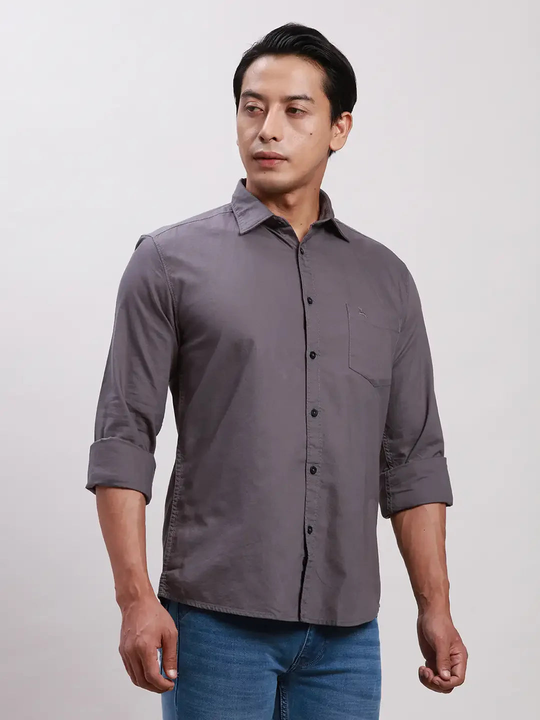 Parx Men Grey Slim Fit Solid Cotton Full Sleeve Cutaway Collar Shirts