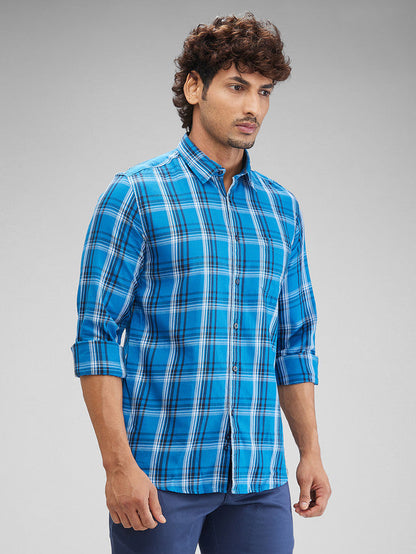 Parx Blue Checks Slim Fit Cotton Casual Shirt