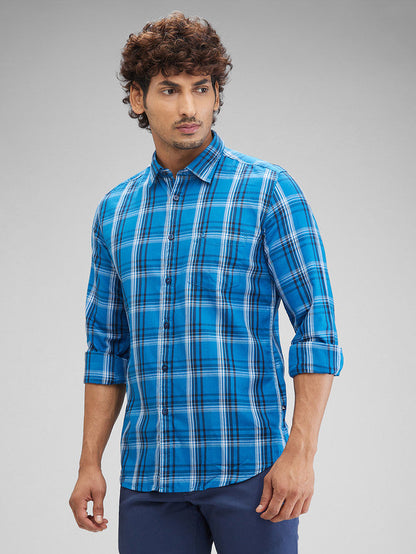 Parx Blue Checks Slim Fit Cotton Casual Shirt