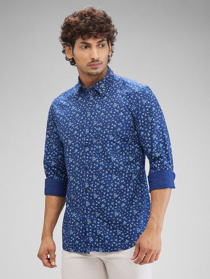 Parx Blue Printed Slim Fit Cotton Casual Shirt