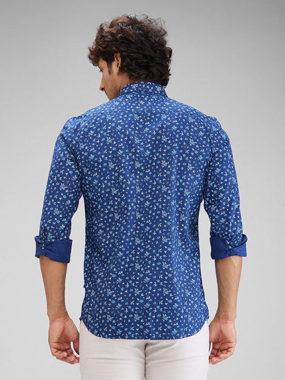 Parx Blue Printed Slim Fit Cotton Casual Shirt