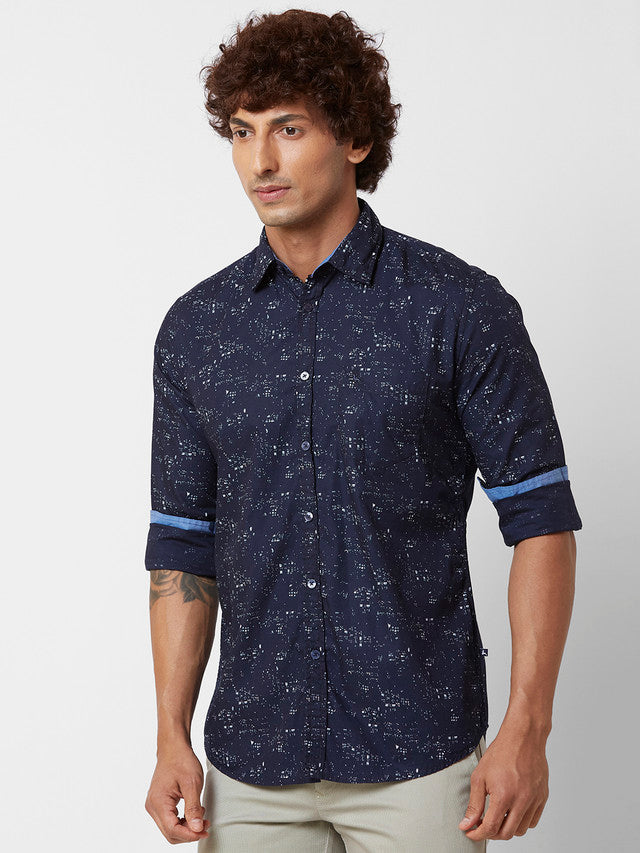 Parx Men Blue Printed Slim Fit Cotton Casual Shirt