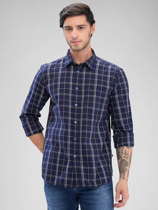 Parx Blue Checks Slim Fit Cotton Casual Shirt