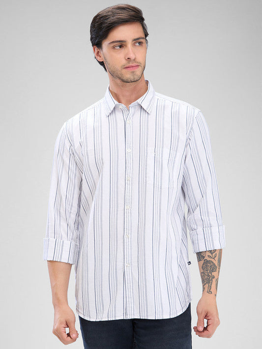 Parx White Stripe Slim Fit Cotton Casual Shirt