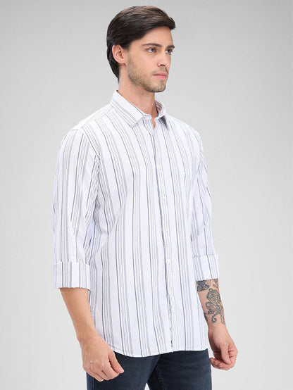 Parx White Stripe Slim Fit Cotton Casual Shirt
