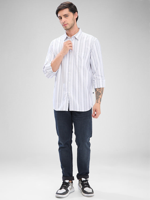 Parx White Stripe Slim Fit Cotton Casual Shirt