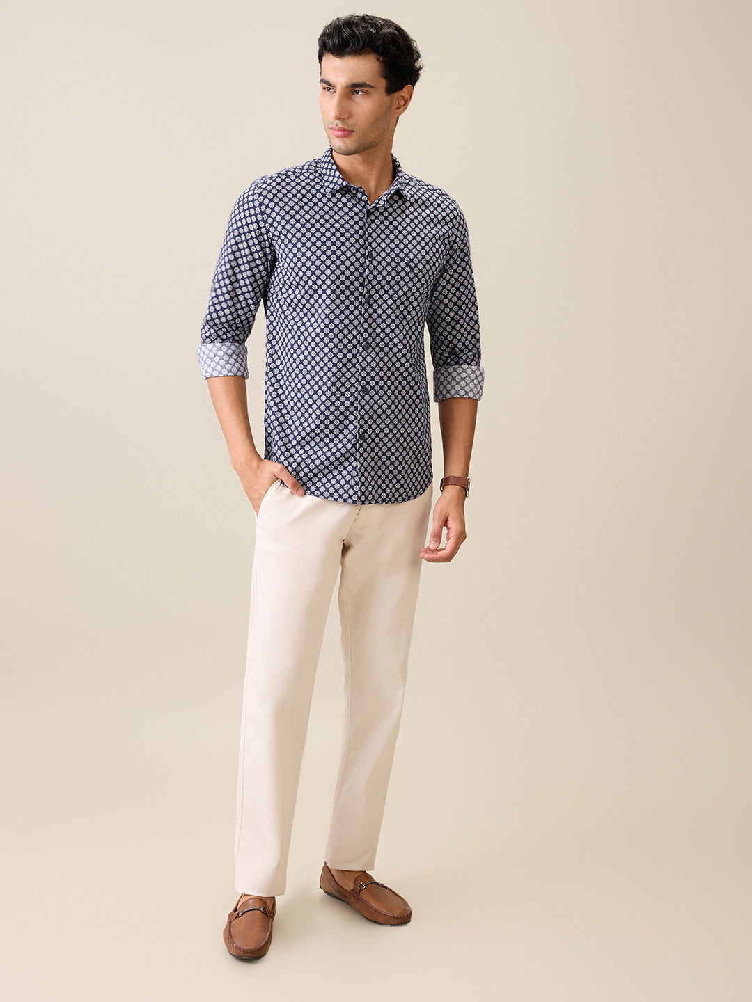 Parx Men Blue Printed Slim Fit Cotton Casual Shirt