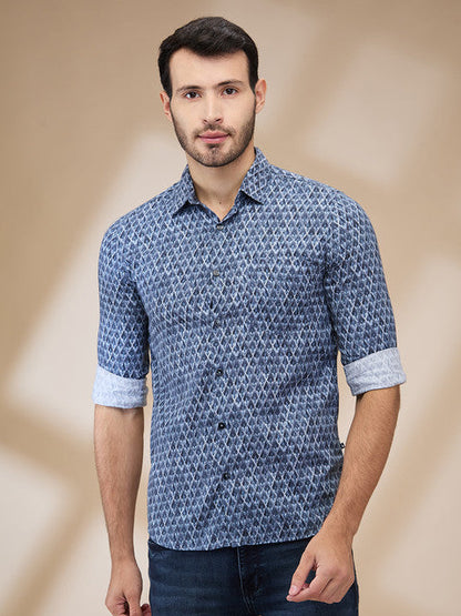 Parx Men Blue Printed Slim Fit Cotton Casual Shirts