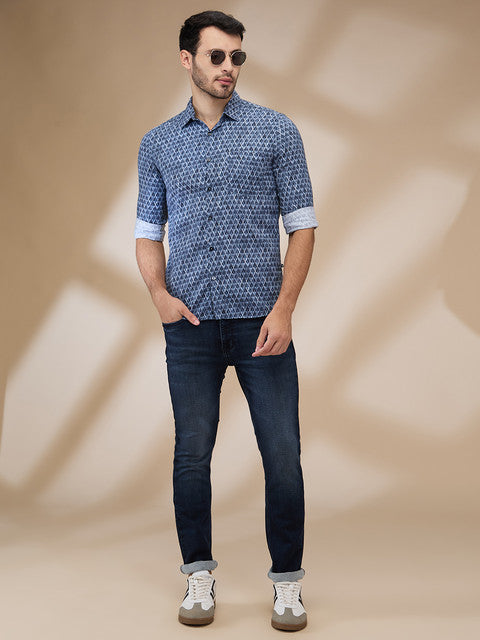 Parx Men Blue Printed Slim Fit Cotton Casual Shirts