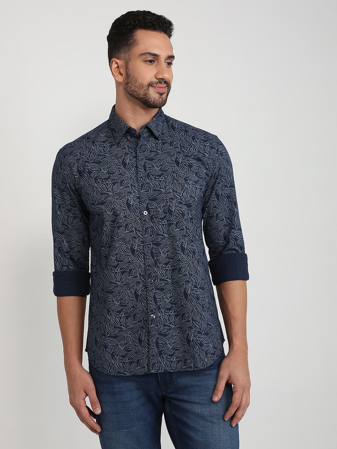 Parx Men Blue Printed Slim Fit Cotton Casual Shirt