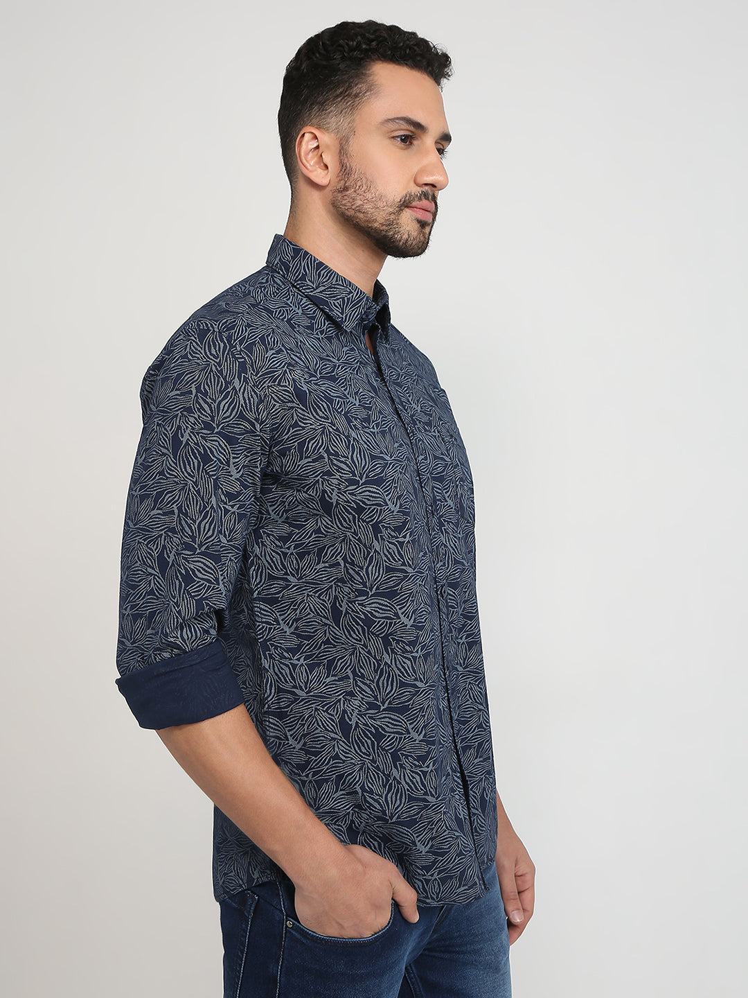 Parx Men Blue Printed Slim Fit Cotton Casual Shirt