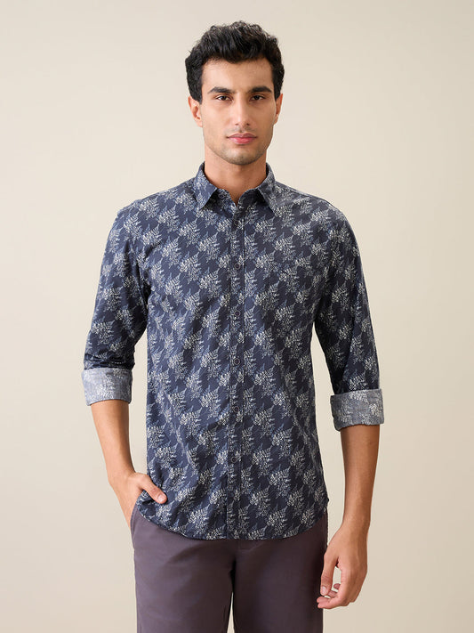Parx Men Blue Printed Slim Fit Cotton Casual Shirt