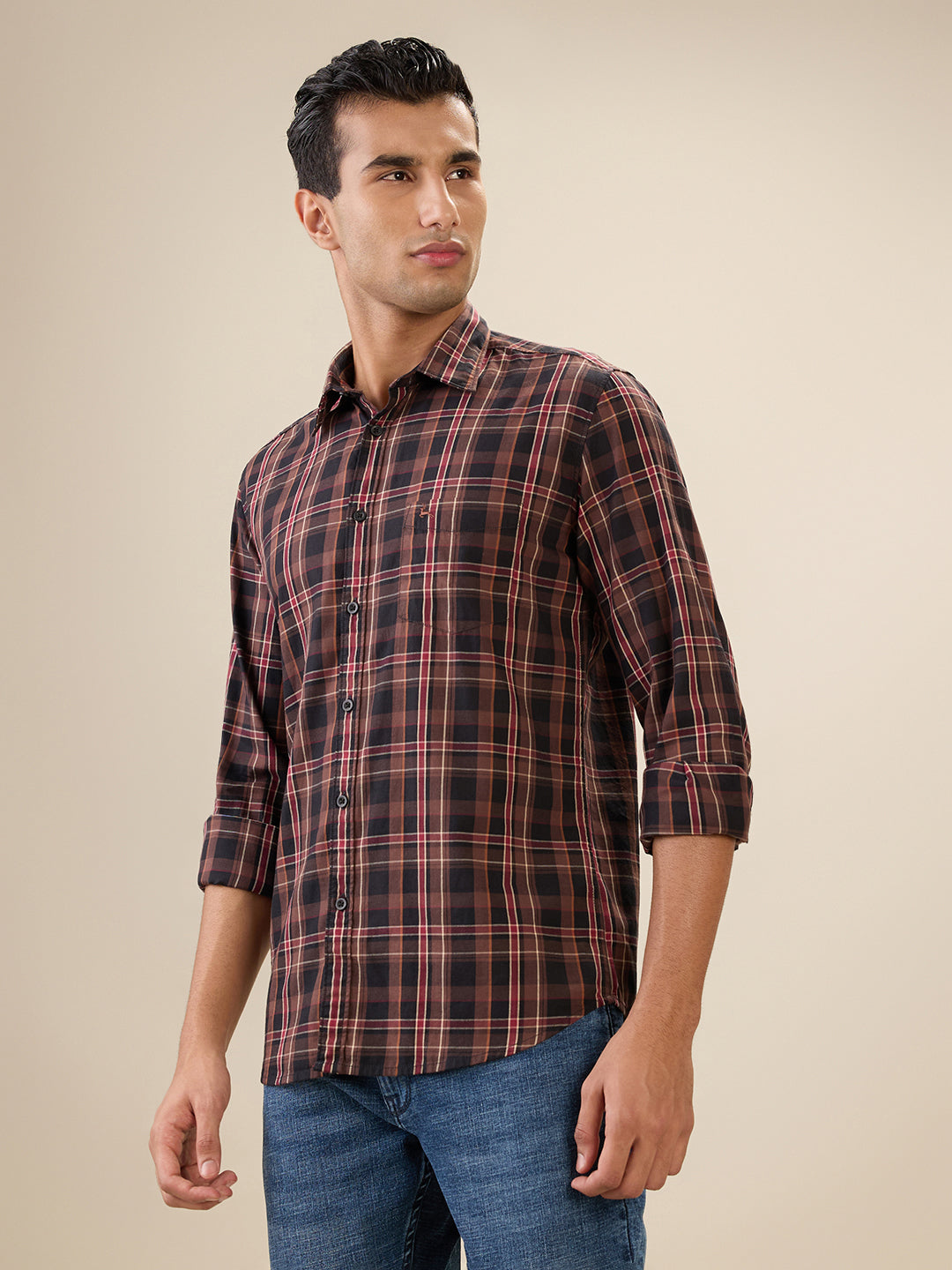 Parx Men Brown Checks Slim Fit Cotton Full Sleeve Cut Away Collar Casual Shirt