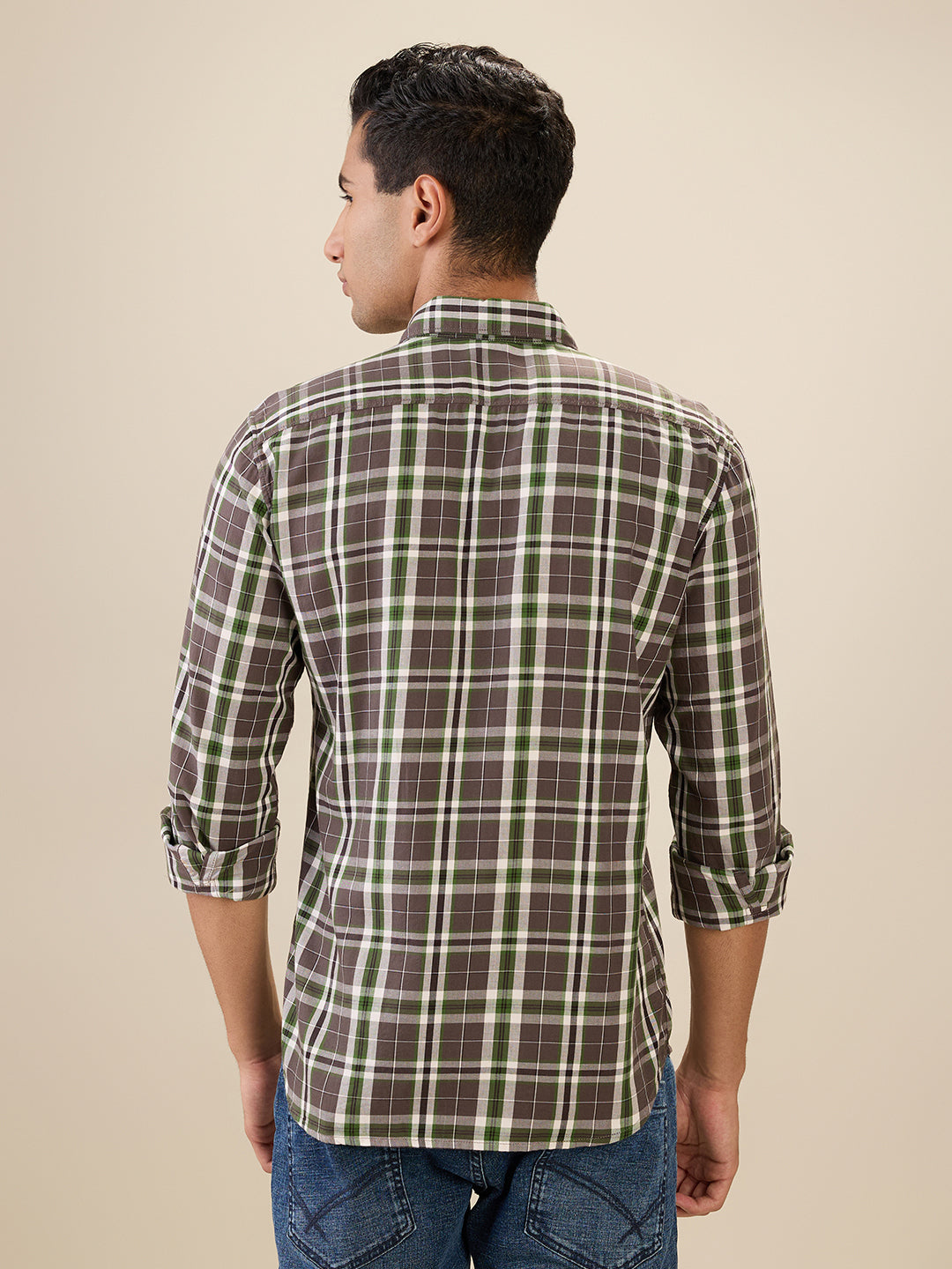 Parx Men Brown Checks Slim Fit Cotton Full Sleeve Cut Away Collar Casual Shirt