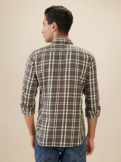 Parx Men Brown Checks Slim Fit Cotton Full Sleeve Cut Away Collar Casual Shirt