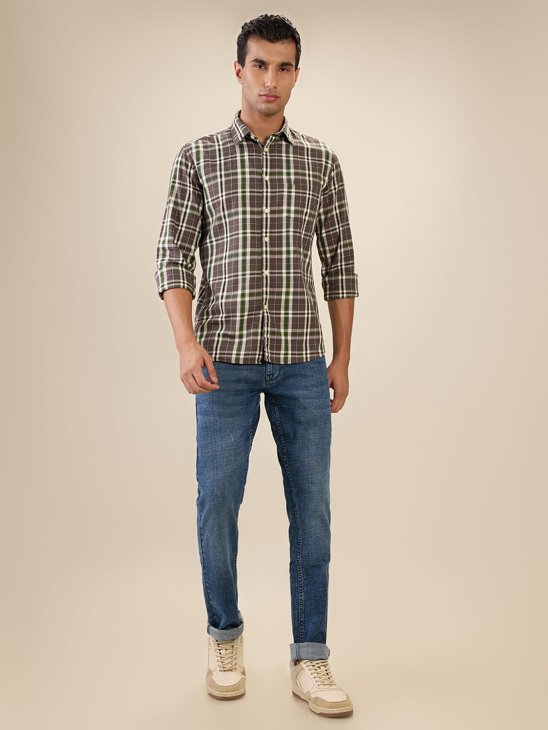 Parx Men Brown Checks Slim Fit Cotton Full Sleeve Cut Away Collar Casual Shirt