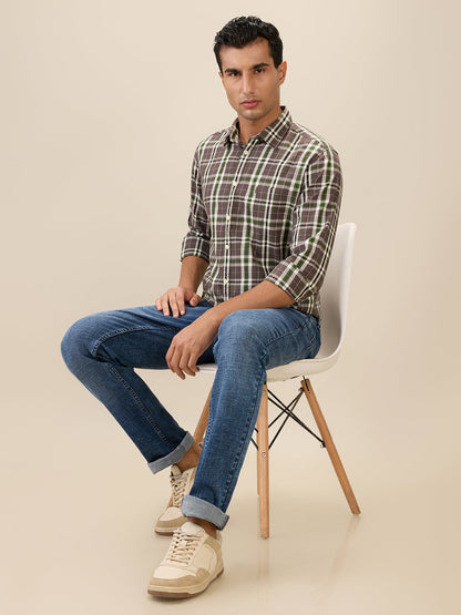 Parx Men Brown Checks Slim Fit Cotton Full Sleeve Cut Away Collar Casual Shirt