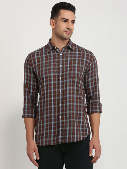 Parx Men Brown Checks Slim Fit Cotton Casual Shirt
