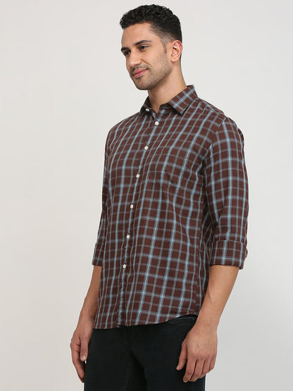 Parx Men Brown Checks Slim Fit Cotton Casual Shirt