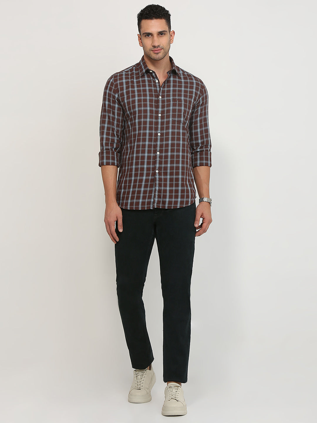 Parx Men Brown Checks Slim Fit Cotton Casual Shirt