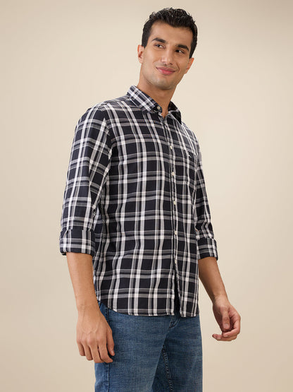 Parx Men Blue Checks Slim Fit Cotton Full Sleeve Cut Away Collar Casual Shirt