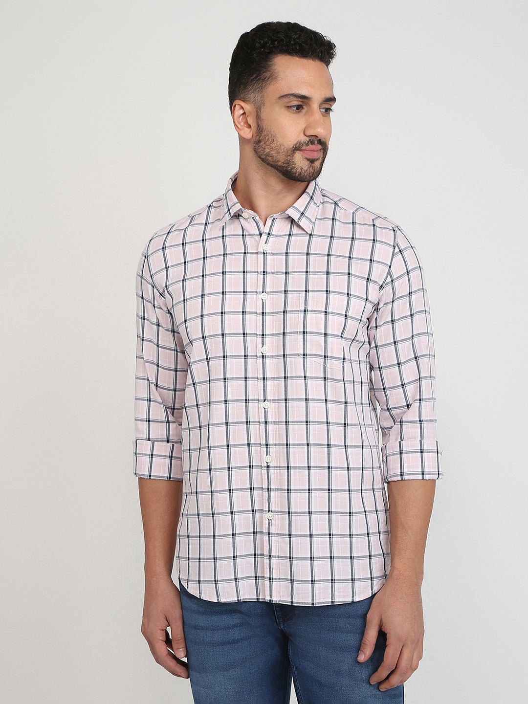 Parx Men Pink Checks Slim Fit Cotton Casual Shirt