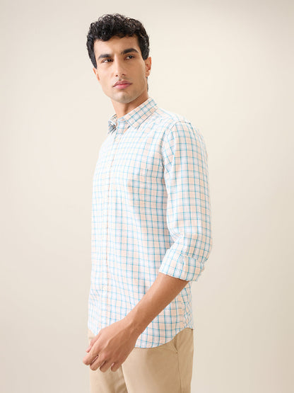 Parx Men Orange Checks Slim Fit Cotton Casual Shirt