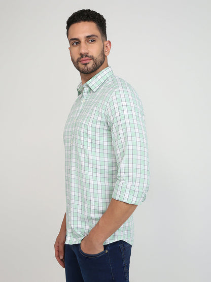 Parx Men Green Checks Slim Fit Cotton Casual Shirt